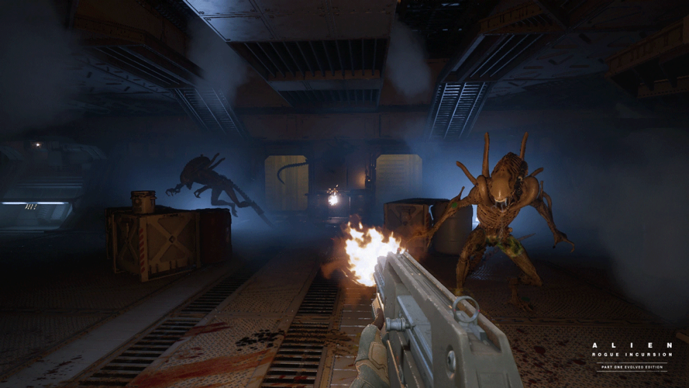 Screenshot from Alien: Rogue Incursion Evolved Edition - Zula Hendricks faces off against xenomorphs on the planet Purdan.