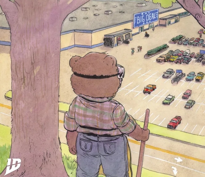 Beneath the Trees Where Nobody Sees: Rite of Spring #3 cover, featuring Samantha standing atop a hill, holding a shovel and wearing her goggles. At the foot of the hill is a big box store.